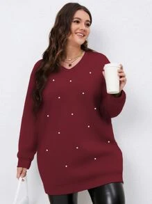Calvaya Plus Pearls Beaded Drop Shoulder Sweatshirt - Burgundy - View 1