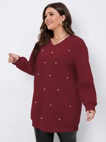 Calvaya Plus Pearls Beaded Drop Shoulder Sweatshirt - Burgundy - View 3