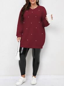 Calvaya Plus Pearls Beaded Drop Shoulder Sweatshirt - Burgundy - View 4