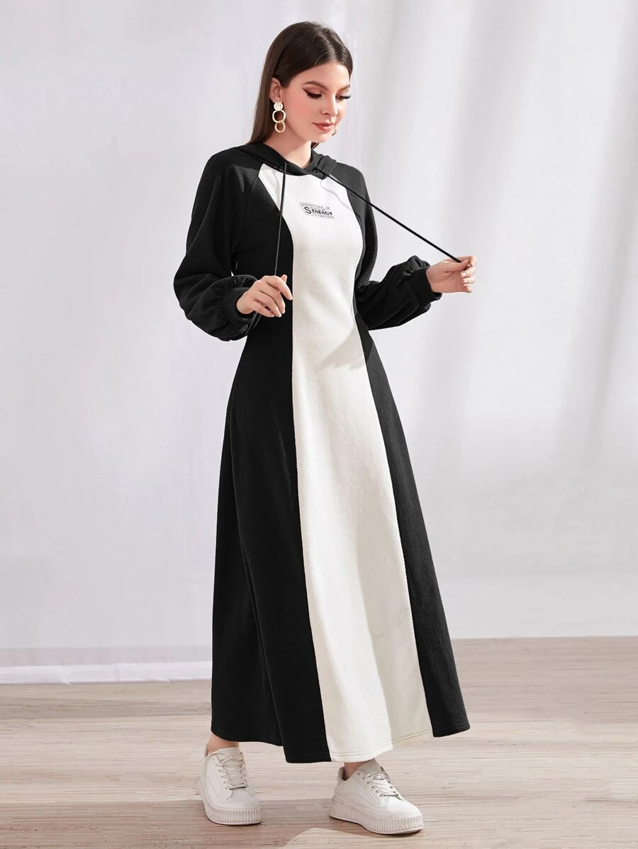 Mulvari Letter Graphic Drop Shoulder Drawstring Hoodie Dress - Black and White - View 1