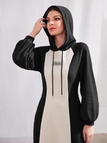 Mulvari Letter Graphic Drop Shoulder Drawstring Hoodie Dress - Black and White - View 2