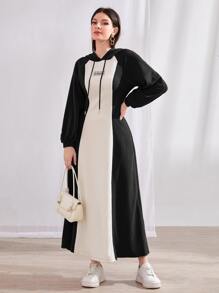 Mulvari Letter Graphic Drop Shoulder Drawstring Hoodie Dress - Black and White - View 4