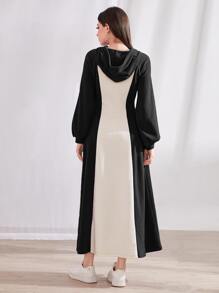 Mulvari Letter Graphic Drop Shoulder Drawstring Hoodie Dress - Black and White - View 5