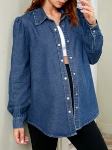 SHEIN Maternity Solid Button Front Denim Blouse - Medium Wash - View 4