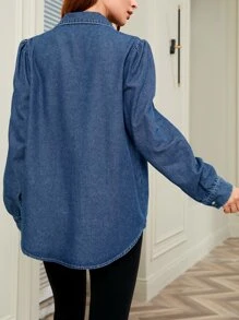 SHEIN Maternity Solid Button Front Denim Blouse - Medium Wash - View 3
