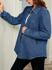SHEIN Maternity Solid Button Front Denim Blouse - Medium Wash - View 2