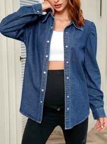 SHEIN Maternity Solid Button Front Denim Blouse - Medium Wash - View 5