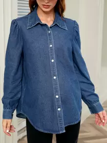 SHEIN Maternity Solid Button Front Denim Blouse - Medium Wash - View 1