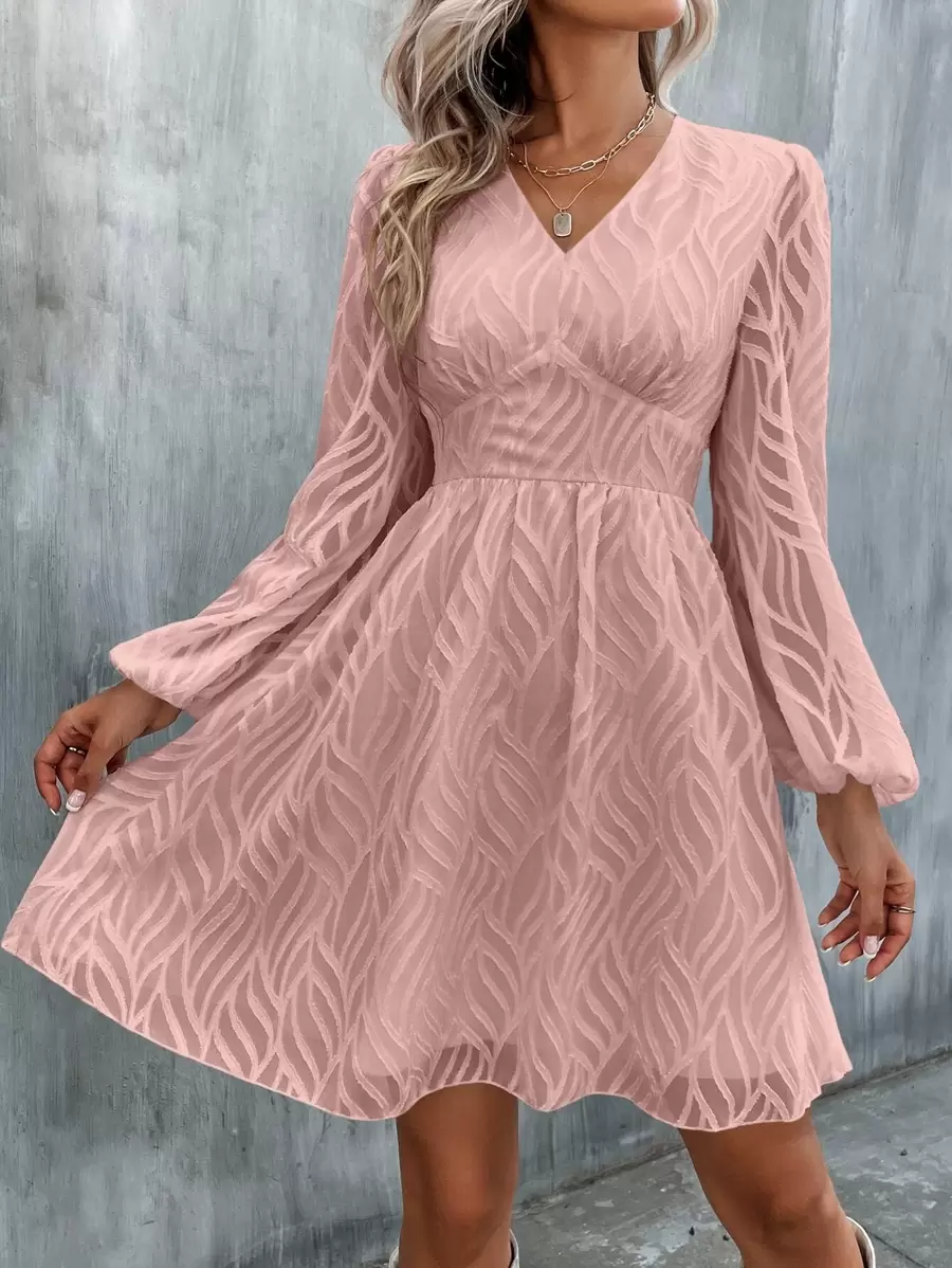 SHEIN Clasi Solid Lantern Sleeve A-line Dress - Dusty Pink - View 1