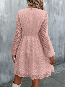 SHEIN Clasi Solid Lantern Sleeve A-line Dress - Dusty Pink - View 2