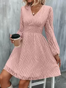 SHEIN Clasi Solid Lantern Sleeve A-line Dress - Dusty Pink - View 3