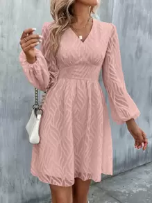 SHEIN Clasi Solid Lantern Sleeve A-line Dress - Dusty Pink - View 4