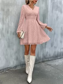 SHEIN Clasi Solid Lantern Sleeve A-line Dress - Dusty Pink - View 6