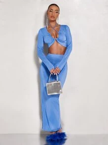 SHEIN BAE 素色後綁帶金屬亮絲短款上衣和半身裙 - 藍色 - 查看 5