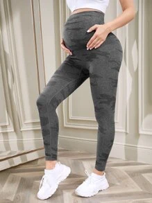 SHEIN 孕婦迷彩腹部支撐運動打底褲