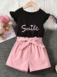 SHEIN Chicas con estampado de letra ribete con fruncido Camiseta & Shorts con cinturón - Multicolor - Ver 1
