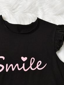 SHEIN Chicas con estampado de letra ribete con fruncido Camiseta & Shorts con cinturón - Multicolor - Ver 3