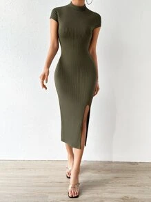 SHEIN Privé Mock Neck Split Thigh Bodycon Dress - Army Green - View 3