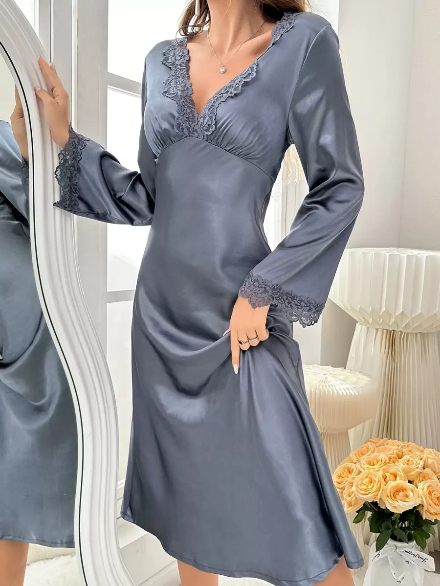 Váy ngủ & áo ngủ Nữ Tương phản ren màu trơn Thanh lịch - Màu xám đen - Xem 1