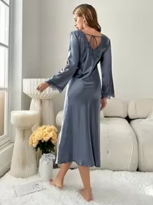 Váy ngủ & áo ngủ Nữ Tương phản ren màu trơn Thanh lịch - Màu xám đen - Xem 2