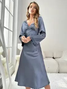 Váy ngủ & áo ngủ Nữ Tương phản ren màu trơn Thanh lịch - Màu xám đen - Xem 3
