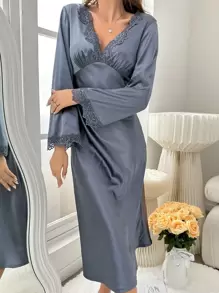 Váy ngủ & áo ngủ Nữ Tương phản ren màu trơn Thanh lịch - Màu xám đen - Xem 4