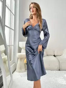 Váy ngủ & áo ngủ Nữ Tương phản ren màu trơn Thanh lịch - Màu xám đen - Xem 5