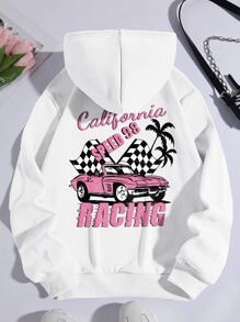 SHEIN EZwear Car And Letter Graphic Drawstring Thermal Hoodie - White - View 1