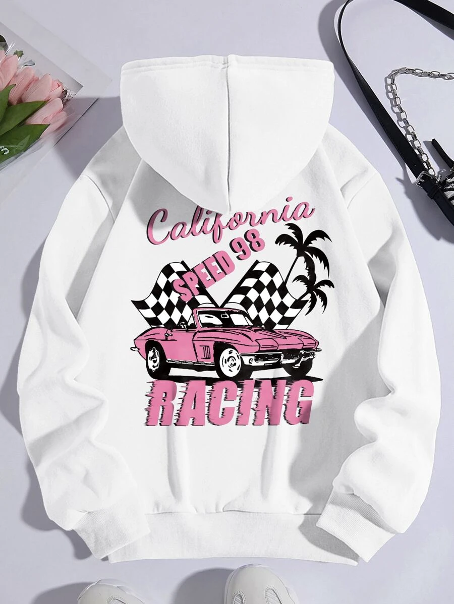 SHEIN EZwear Car And Letter Graphic Drawstring Thermal Hoodie - White - View 1