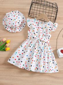 SHEIN Young Girl White Dotted Sweet & Lovely Hat Dress With Peter Pan Collar & Ruffle Sleeves For Summer Vacation - White - View 1