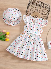 SHEIN Young Girl White Dotted Sweet & Lovely Hat Dress With Peter Pan Collar & Ruffle Sleeves For Summer Vacation - White - View 2