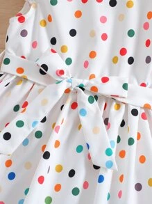 SHEIN Young Girl White Dotted Sweet & Lovely Hat Dress With Peter Pan Collar & Ruffle Sleeves For Summer Vacation - White - View 3