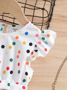 SHEIN Young Girl White Dotted Sweet & Lovely Hat Dress With Peter Pan Collar & Ruffle Sleeves For Summer Vacation - White - View 4