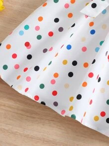 SHEIN Young Girl White Dotted Sweet & Lovely Hat Dress With Peter Pan Collar & Ruffle Sleeves For Summer Vacation - White - View 5