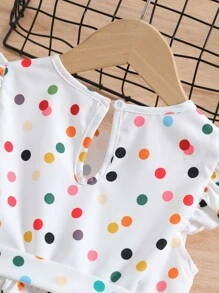 SHEIN Young Girl White Dotted Sweet & Lovely Hat Dress With Peter Pan Collar & Ruffle Sleeves For Summer Vacation - White - View 6