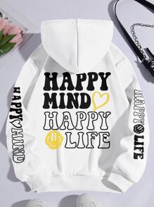 SHEIN EZwear Slogan Graphic Kangaroo Pocket Drawstring Thermal Hoodie - White - View 1