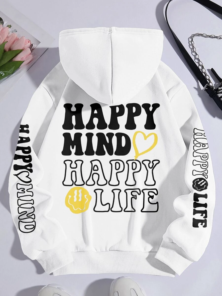 SHEIN EZwear Slogan Graphic Kangaroo Pocket Drawstring Thermal Hoodie - White - View 1