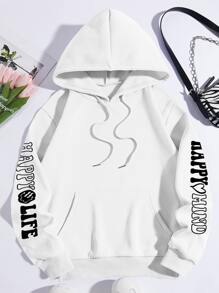 SHEIN EZwear Slogan Graphic Kangaroo Pocket Drawstring Thermal Hoodie - White - View 2