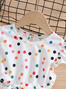 SHEIN Young Girl White Dotted Sweet & Lovely Hat Dress With Peter Pan Collar & Ruffle Sleeves For Summer Vacation - White - View 7