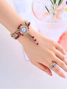 1 pieza Reloj de cuarzo con decoración de rhinestone y 1 pieza Anillo como regalo para estudiantes que regresan a la escuela