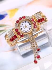 1 pieza Reloj de cuarzo con decoración de rhinestone y 1 pieza Anillo como regalo para estudiantes que regresan a la escuela