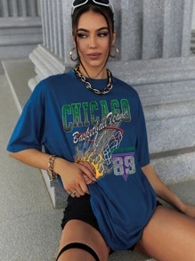 SHEIN EZwear Letter Graphic Drop Shoulder Tee - Blue - View 1