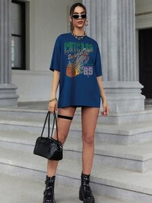 SHEIN EZwear Letter Graphic Drop Shoulder Tee - Blue - View 4