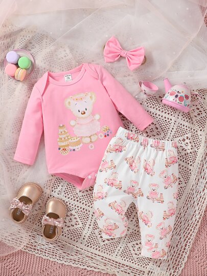 嬰兒卡通圖案連體衣和褲子和頭巾