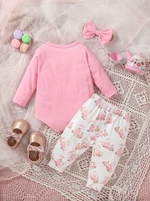 嬰兒卡通圖案連體衣和褲子和頭巾