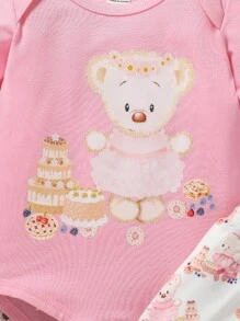 嬰兒卡通圖案連體衣和褲子和頭巾