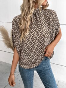 SHEIN LUNE 滿版印花小高領蝙蝠袖襯衫 - 卡其色 - 查看 6