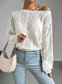 SHEIN Essnce Jersey de punto de malla de hombros caídos - Blanco - Ver 4