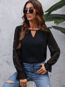 SHEIN LUNE Contrast Mesh Keyhole Neckline Flounce Sleeve Pearls Beaded Blouse - Black - View 1