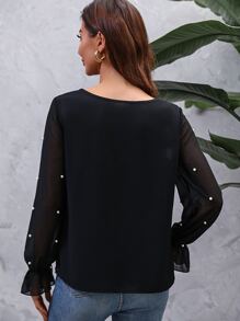 SHEIN LUNE Contrast Mesh Keyhole Neckline Flounce Sleeve Pearls Beaded Blouse - Black - View 2